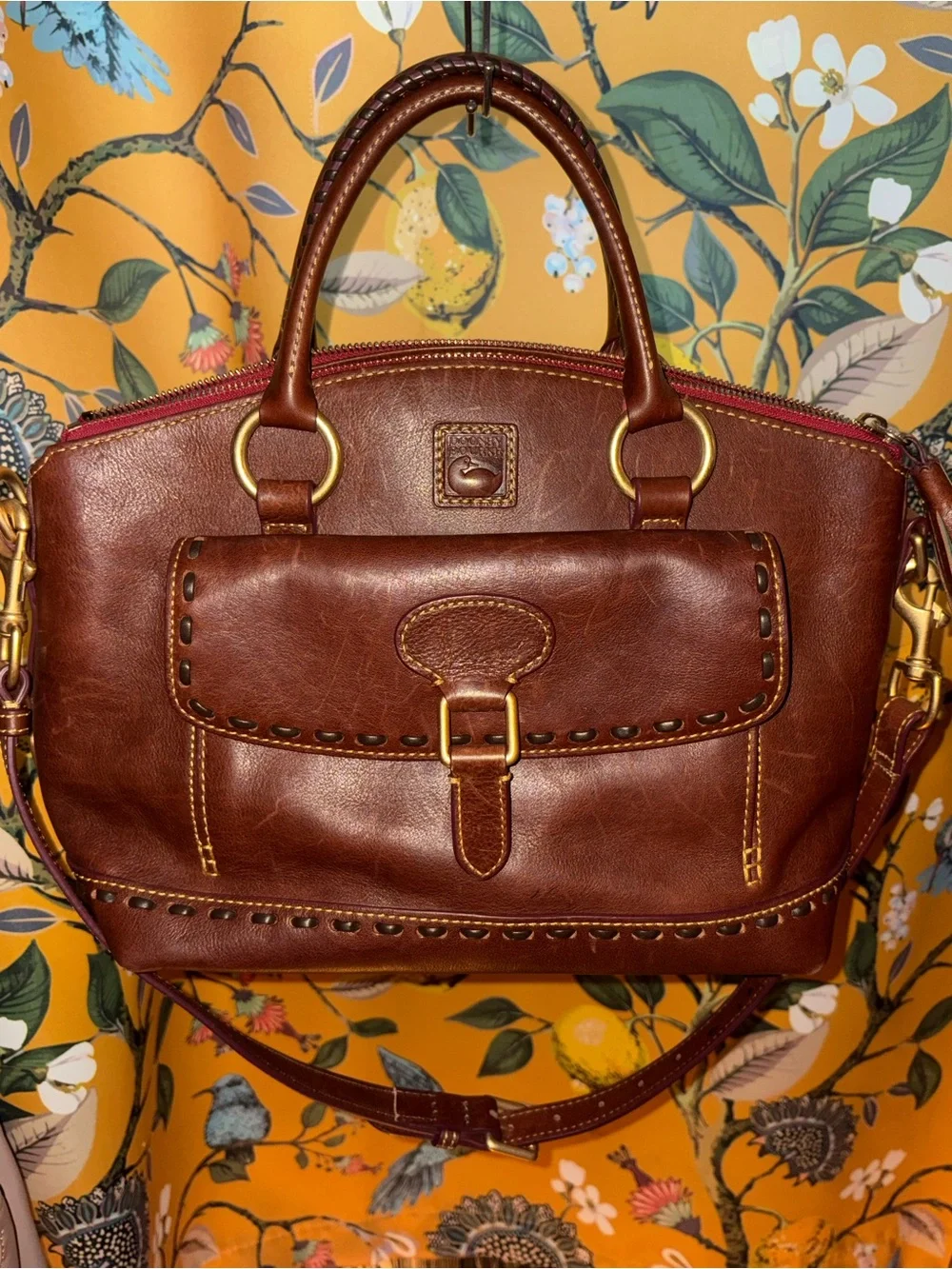 Dooney & Bourke Chestnut Brown Florentine Leather Whipstitch Satchel Bag